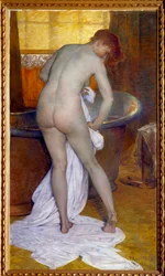Het bad. Tafereel in een badkamer: een vrouw die uit het bad komt, droogt haar naakte lichaam af met een handdoek. Schilderij van Tony Robert-Fleury (1837-1912)