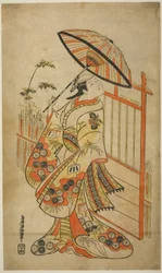 De Acteur Sanogawa Mangiku I als Sanada, de dochter van de spinner Itoya, in het stuk "Hiragana Yomeiri Izu Nikki," uitgevoerd in het Nakamura Theater in de elfde maand, 1718