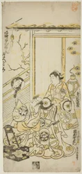 De acteurs Tamazawa Saijiro I als Oiso no Tora en Ichimura Uzaemon VIII als Soga no Juro in het stuk "Haru wa Akebono Kuruwa Soga," uitgevoerd in het Ichimura Theater in de eerste maand, 1743