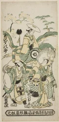 De acteurs Tamazawa Saijiro I als Ushiwakamaru, Segawa Kikunojo I als Oroku, en Otani Oniji I als Matano Goro in het stuk "Sazareishi Suehiro Genji," uitgevoerd in het Nakamura Theater in de eerste maand, 1744