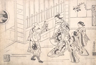 De acteur Ichimura Takenojo VIII in de rol van een poppenspeler, toont poppen aan een hof..., ca. 1715