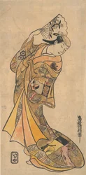 De acteur, Nakamura Shichisaburo II, 1703-1774 als een vrouw met waaier