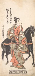 Bando Hikosaburo als Hanaregoma Chokichi die zijn zwarte paard vasthoudt, ca. 1756, ca. 1756
