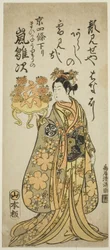 De acteur Arashi Hinaji als de maiko Uriuno in het toneelstuk "Ume ya Suisen Izu no Irifune," opgevoerd in het Morita Theater in de elfde maand, 1763