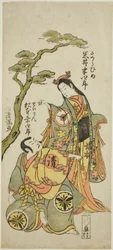 De acteurs Iwai Hanshiro IV als Sakura Hime en Matsumoto Koshiro IV als priester Seigen in het toneelstuk "Wada Sakamori Eiga Kagami," opgevoerd in het Namakumura Theater in de eerste maand, 1773.
