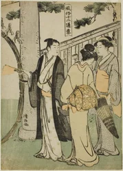 Bezoek aan een heiligdom, uit de serie "Twaalf scènes van populaire gebruiken (Fuzoku juni tsui)"