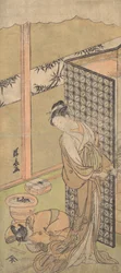 Een Oiran in nachtgewaad, pauzerend, met één hand op het scherm dat haar bed omringt, ca. 1770