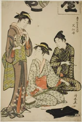 Afkoelen bij Nakasu (Nakasu no suzumi), uit de serie "Een verzameling hedendaagse schoonheden van de plezierwijken (Tosei yuri bijin awase)"