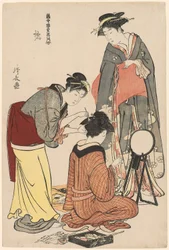 Entertainers van de Tachibana, uit de serie "Een verzameling hedendaagse schoonheden van de plezierwijken (Tosei yuri bijin awase)", c.1782
