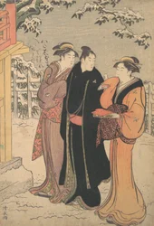 Man in een zwarte haori-jas en twee vrouwen die een tempel naderen.