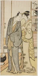 De acteur Ichikawa Yaozo III met een geisha, uit een ongetitelde serie prenten die acteurs in hun privéleven tonen
