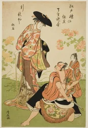 De Acteurs Iwai Hanshiro IV als Kuzunoha, Ichikawa Yaozo III als Yakanpei, en Ichikawa Ebizo IV als Abe no Doji, in het toneelstuk "Ashiya Doman Ouchi Kagami," opgevoerd in het Nakamura Theater in de negende maand, 1784