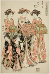 De Courtisane Wakakusa van de Chojiya met Haar Begeleiders Asano en Midori, uit de serie "Modellen voor Mode: Nieuwe Ontwerpen zo Fris als Jonge Bladeren (Hinagata wakana no hatsu moyo)"