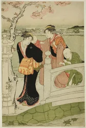 Vrouwen en kinderen op de dam bij Shinobazu-vijver