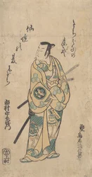 De acteur Ichimura Uzaemon VIII als een samoerai in groene en gele gewaden, ca. 1742