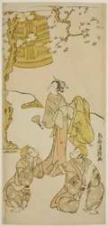 De acteurs Segawa Kikunojo II, Ichikawa Komazo II en Arashi Otohachi I in het stuk "Fude Hajime Soga no Tamazusa," uitgevoerd in het Nakamura Theater in de eerste maand, 1768