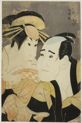 De acteurs Ichikawa Tomiemon (R) als Kanisaka Toma en Sanogawa Ichimatsu III (L) als de Gion prostituee Onayo