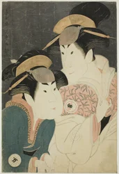 De acteurs Segawa Tomisaburo II (R) als Yadorigi, vrouw van Ogishi Kurando, en Nakamura Manyo (L) als de dienaar Wakakusa