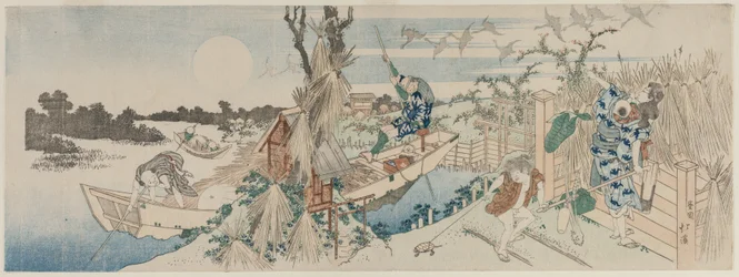 Landschap met veerboot, ganzen en volle maan, begin 1830s