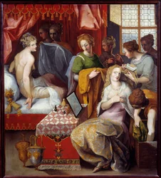 Hyante en Clymene bij hun toilet Hyante (Hyanthe) en Clymene, twee dochters van de koning van Kreta die Francus herbergen, verliefd op deze held, zijn bezig met hun toilet om te verleiden - Schilderij door Toussaint Dubreuil (1561-1602) Dim 1,07x0,96 m
