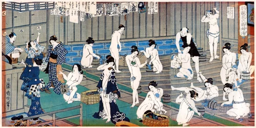 Badhuisscène, een prent van Toyohara Kunichika, 19e eeuw