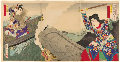 De acteurs Nakamura Fukusuke IV als Neiojo en Ichikawa Danjuro IX als Hachiro Tametomo
