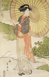 Staande vrouw met een parasol