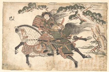 Tomoe Gozen die Uchida Saburo leyoshi doodt bij de slag om Awazu no Hara, ca. 1750 (houtsnede)