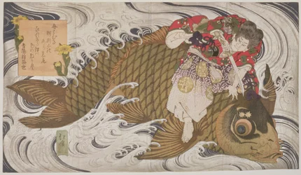 Oniwaka Mara (Kleine Demon) overwint een reuzenkarper, Surimono tweeluik, scène uit het leven van de 12e-eeuwse held Benkei, c.1830