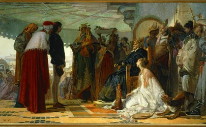 Marco Polo voor de Grote Khan van de Tartaren ... (schilderij op doek)