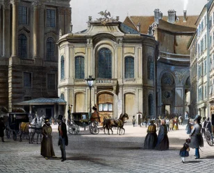 Burgtheater in Wenen Michaelerplatz met Winterreitschule aan de rechterkant, door Tranquillo Mollo, gekleurde gravure, Oostenrijk