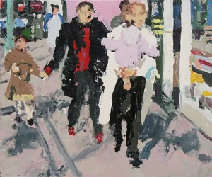 Winkelend publiek met kinderen, 2003 (olieverf op board)