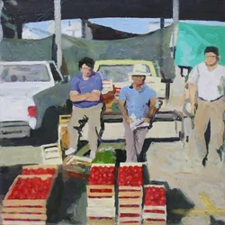 Drie mannen verkopen tomaten (San Juan, Argentinië), 2014 (olieverf op board)
