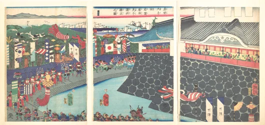 Hideyoshi en zijn troepen verlaten het kamp van Nagoya (Mashiba Hideyoshi kō nagoya jin saki te no shoshō kuridashi no zu)
