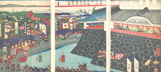 Hideyoshi en zijn troepen verlaten het kamp van Nagoya Mashiba Hideyoshi ko nagoya jin saki