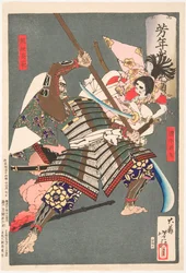Minamoto no Ushiwakamaru vechtend met de bandiet Kumasaka Chōhan