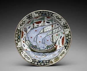 Kom: "Een galjoen op zee", eerste helft van de 17e eeuw