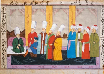 Ottomaanse miniatuur die een Europese ambassadeur aan het hof van het Topkapi-paleis toont, manuscript, Turkije