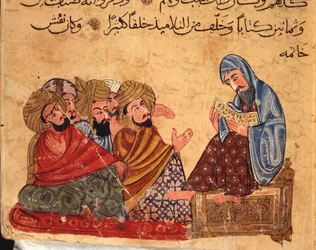 Socrates debatteert over filosofie met zijn volgelingen, Turkije, Arabisch manuscript