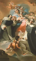 Onze Lieve Vrouw van de Rozenkrans met Kind, St. Dominicus en St. Vincent Ferrer, circa 1773, door Ubaldo Gandolfi (1728-1781)
