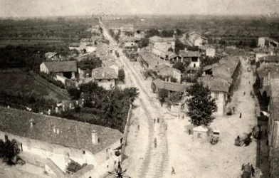 Panoramafoto van de stad Romans, genomen vanaf de klokkentoren van de kerk tijdens de Eerste Wereldoorlog