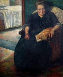Madame Virginie (La signora Virginia), portret van een corpulente zittende vrouw met haar kat op haar knieën. Schilderij van Umberto Boccioni (1882-1916), 1905, zon. 140 x 115,5 cm, Milaan, Museo del Novecento
