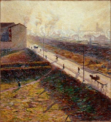 Ochtend of De voorstedelijke weg in de vroege ochtend Schilderij door Umberto Boccioni (1882-1916) 1909