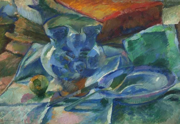 Stilleven met aardewerk, bestek en fruit, 1915