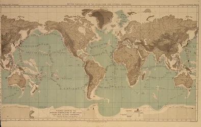 16 kaarten die oceaantemperaturen illustreren op verschillende diepten, uit verslagen van de Challenger-expeditie