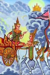 20151029, Vientiane, Laos: Wat Si Muang (Simuong) boeddhistische tempel. Schilderij dat het levensverhaal van Shakyamuni Boeddha uitbeeldt
