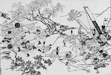 Een Japanse kunstenaar schildert de invasie van Korea door Japan in 1592, 1907