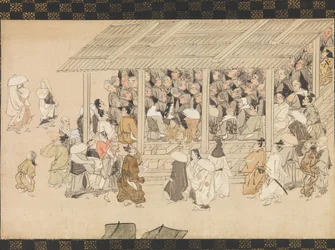 Een Nenbutsu-bijeenkomst in Ichiya, Kyoto, uit de geïllustreerde biografie van de monnik, eind 14e eeuw