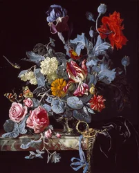 Een vaas met bloemen en een horloge, midden 17e eeuw