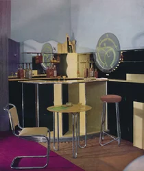 Een cocktailbar van de British Vitrolite Company uit Londen, ontworpen door Kenneth Cheesman, 1935